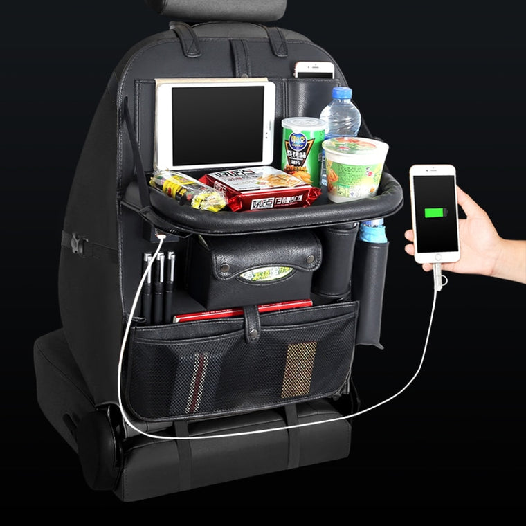 Organizador para el respaldo del asiento con mesa plegable y 4 puertos USB
