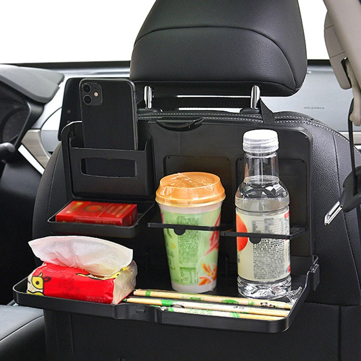 Bandeja plegable con portavasos para el asiento trasero del coche