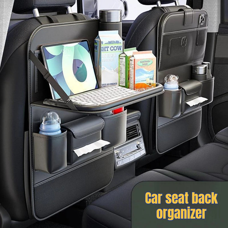Organizador para asiento trasero con bandeja plegable y portapañuelos